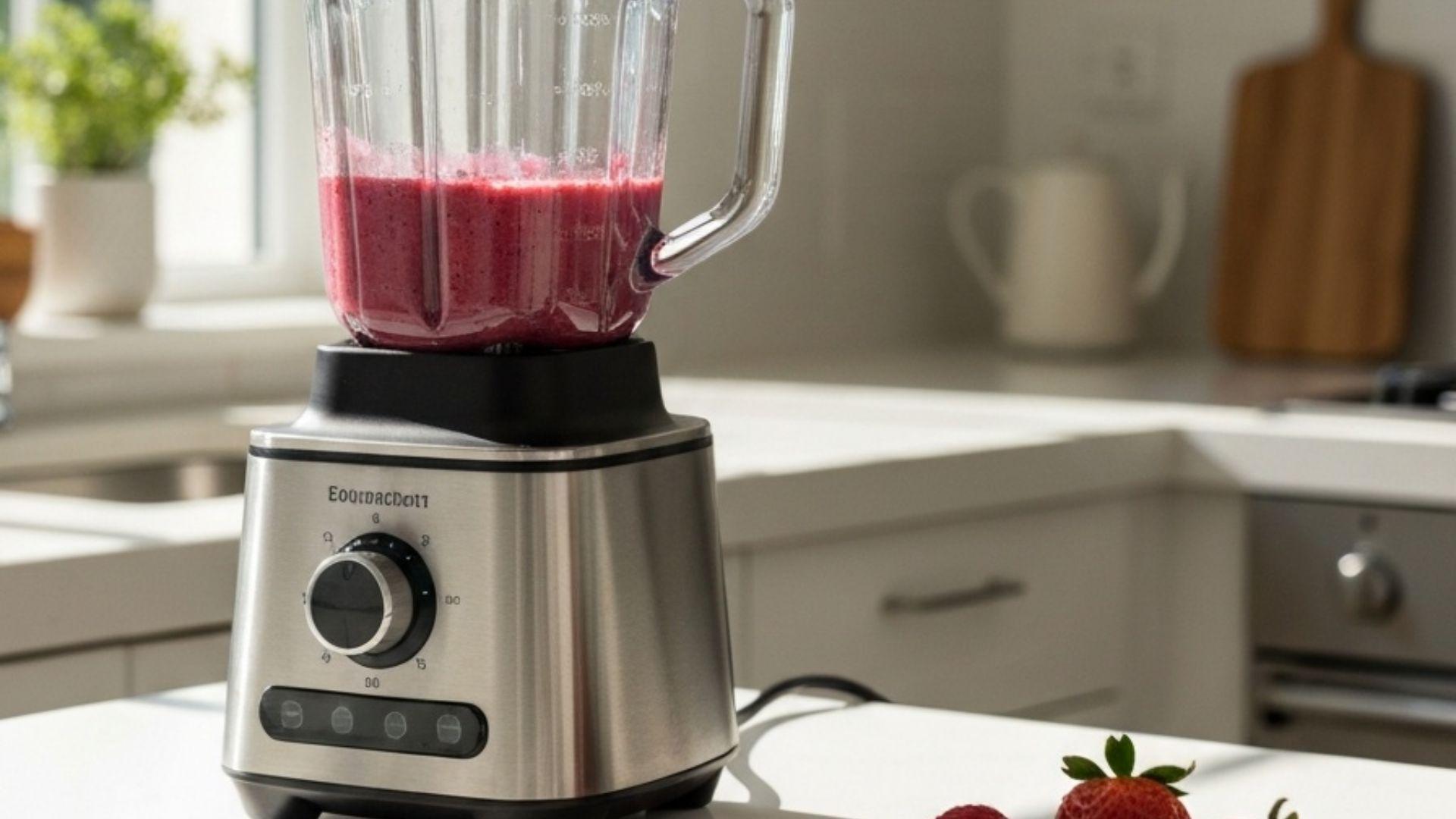 Blender der laver en farverig bærsmoothie på et lyst køkkenbord