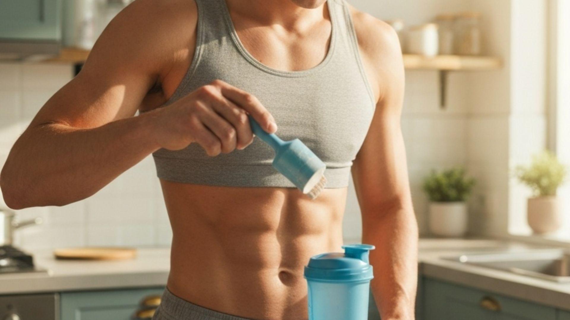 Person der hælder proteinpulver i en shaker efter træning