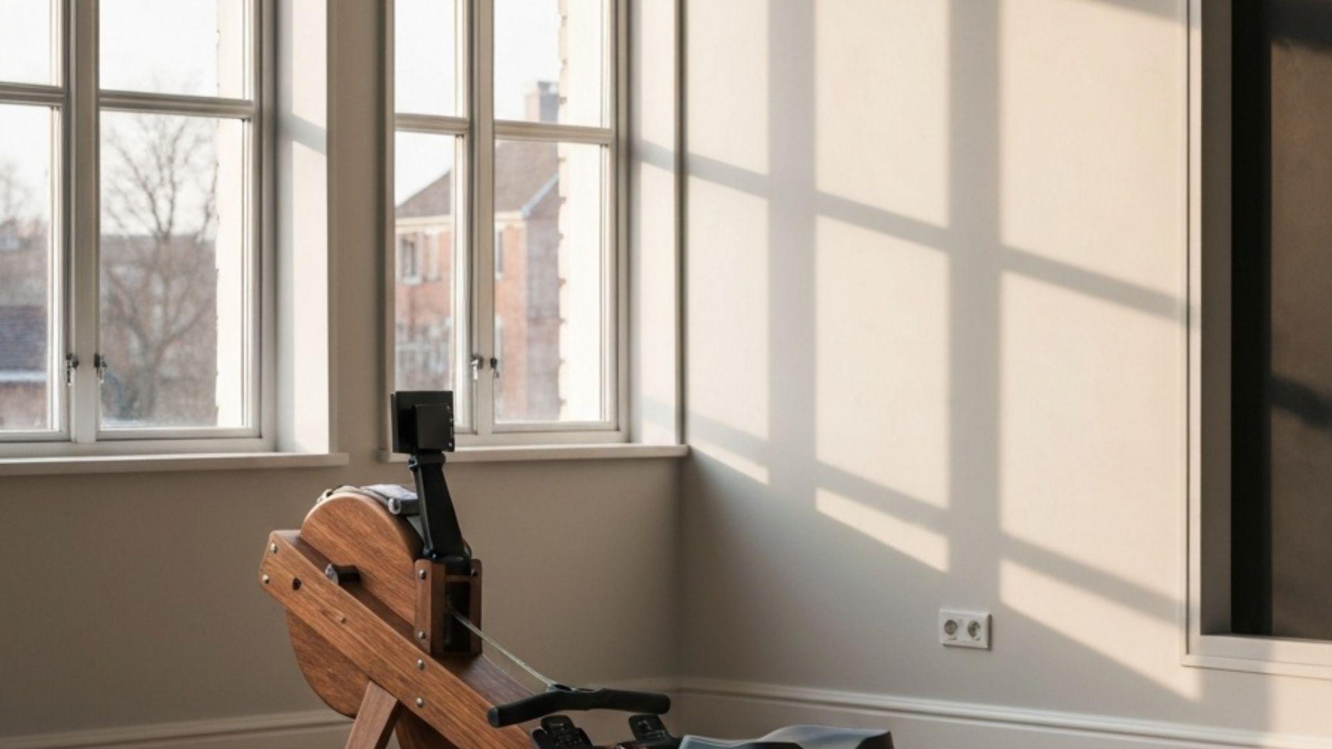 Romaskine af træ med vandmodstand i lyst loftshjemmegym