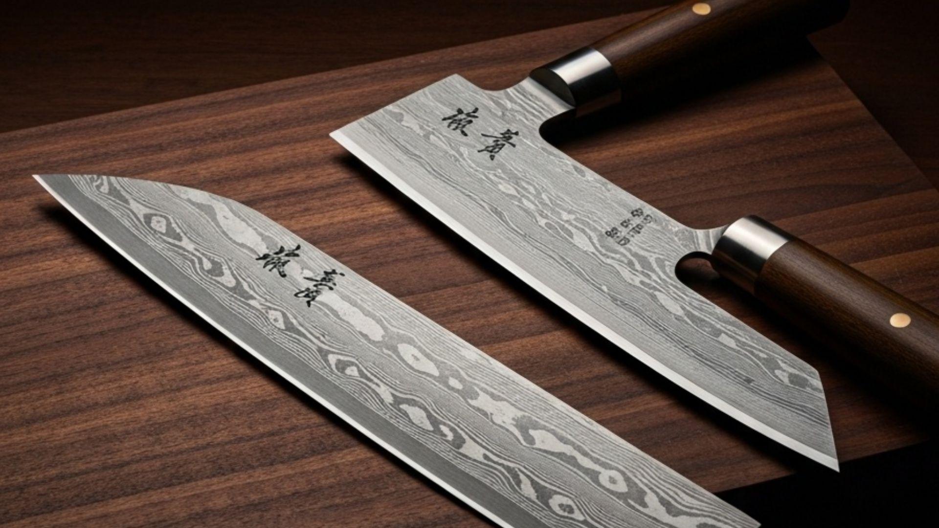 Japanske kokkeknive med damaskstål på mørkt skærebræt