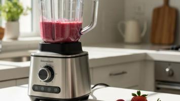 Blender der laver en farverig bærsmoothie på et lyst køkkenbord