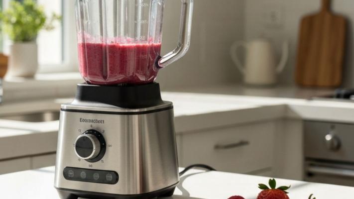 Blender der laver en farverig bærsmoothie på et lyst køkkenbord